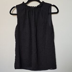 LOFT Girly Witchy Dressy Black Flocked Dot Sleeveless Ruffle Neck Blouse XS
